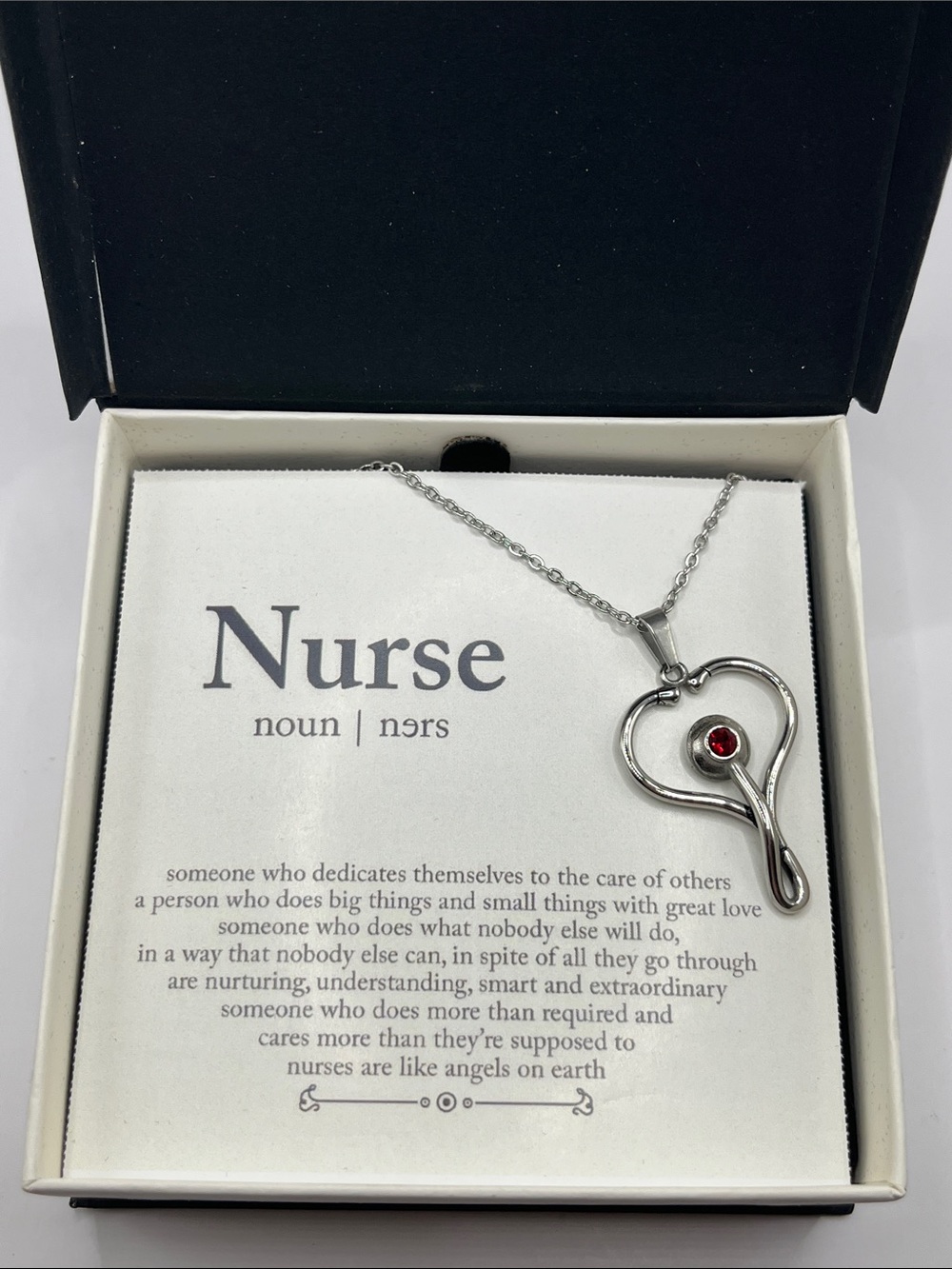 Silver Heart Stethoscope Nurse Necklace with Red Accent